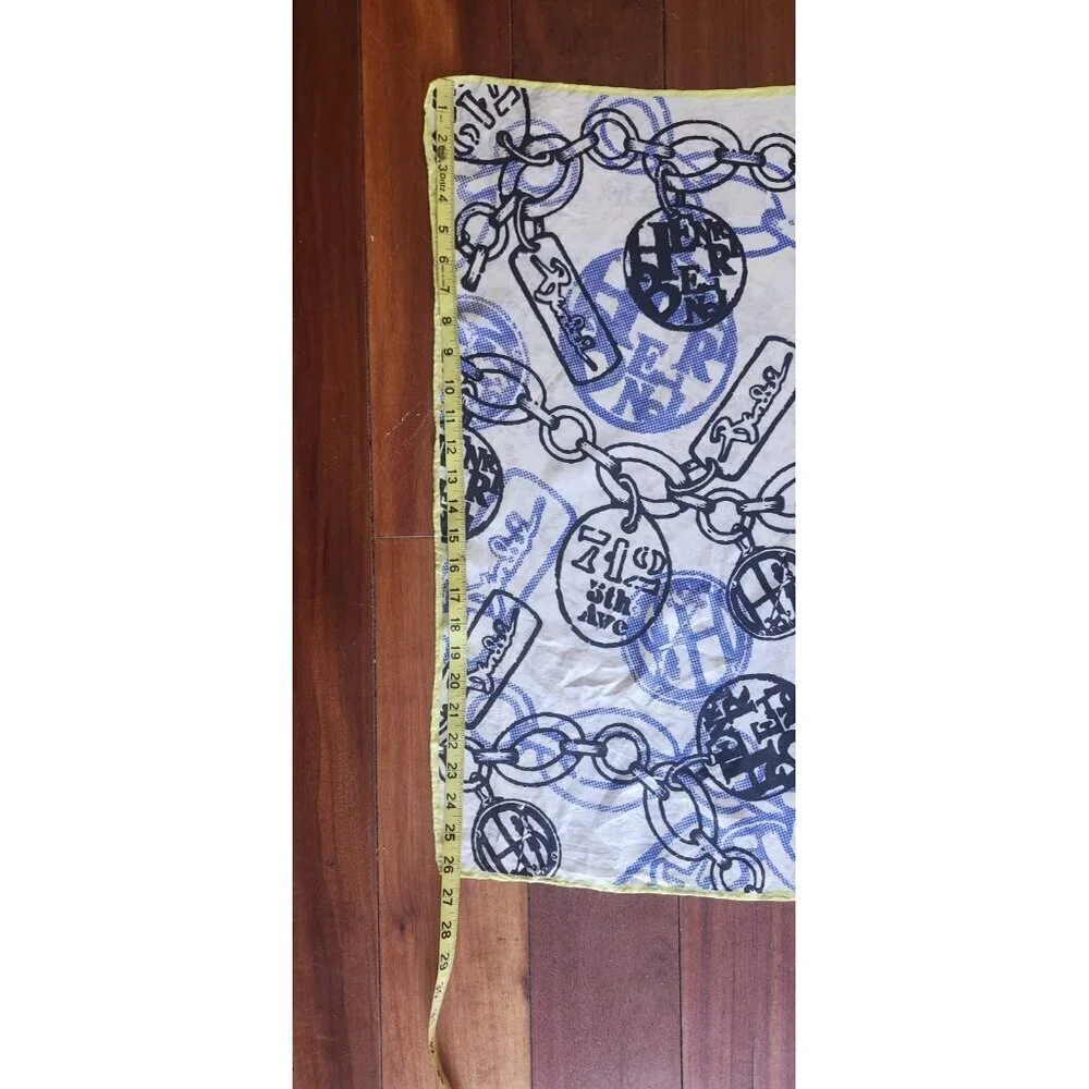 Henri Bendel Silk Scarf Charm Chain Print White Blue Yellow Square 26